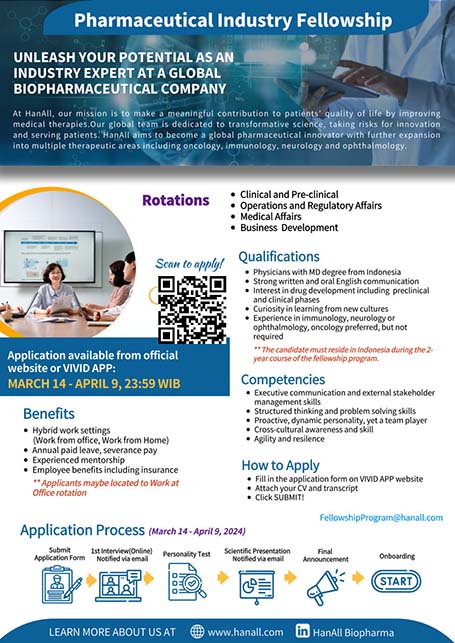 HanAll Biopharma Membuka Pendaftaran Program Fellowship 2024 Bidang Industri Farmasi untuk Dokter Indonesia